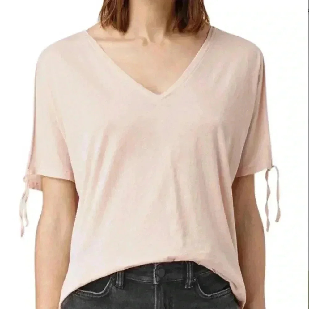 AllSaints Emelyn Split Sleeve Tie V-Neck T-Shirt Blush Pink Small
